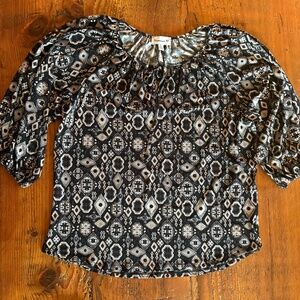 Veronica M Peasant Blouse in Black, Grey and Beige Size Large, 3/4 Sleeve
